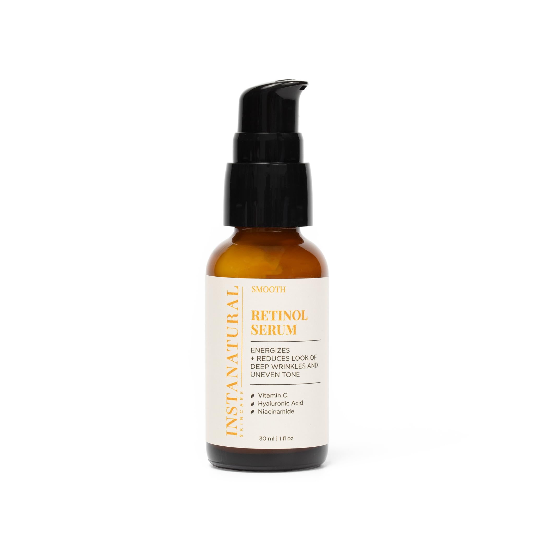InstaNatural Retinol Serum bottle front highlights anti-aging potential for firmer skin.