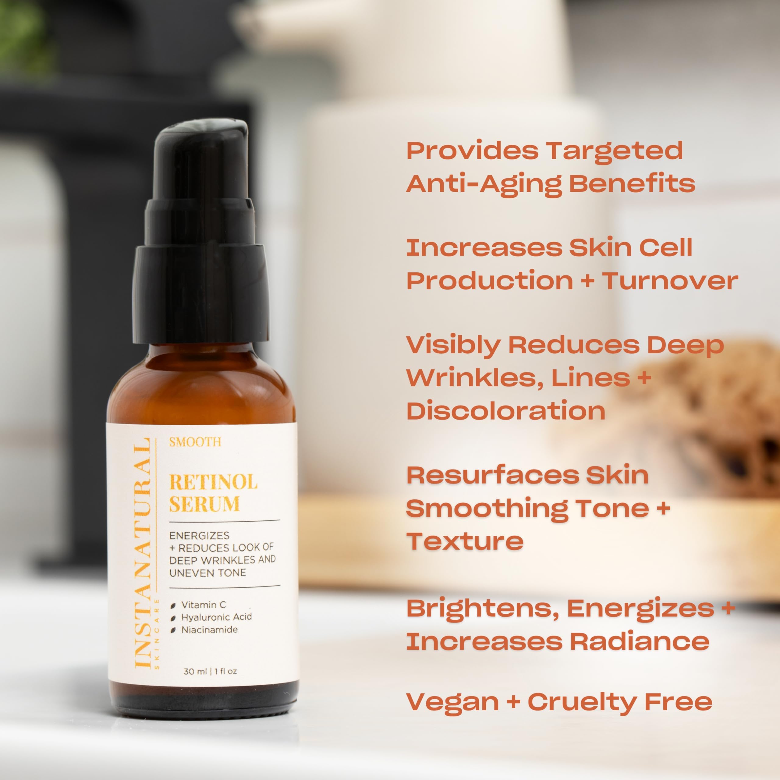 InstaNatural Retinol Serum ingredients closeup shows niacinamide and vitamin C benefits.