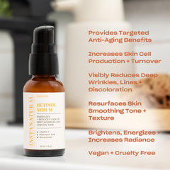 InstaNatural Retinol Serum ingredients closeup shows niacinamide and vitamin C benefits.