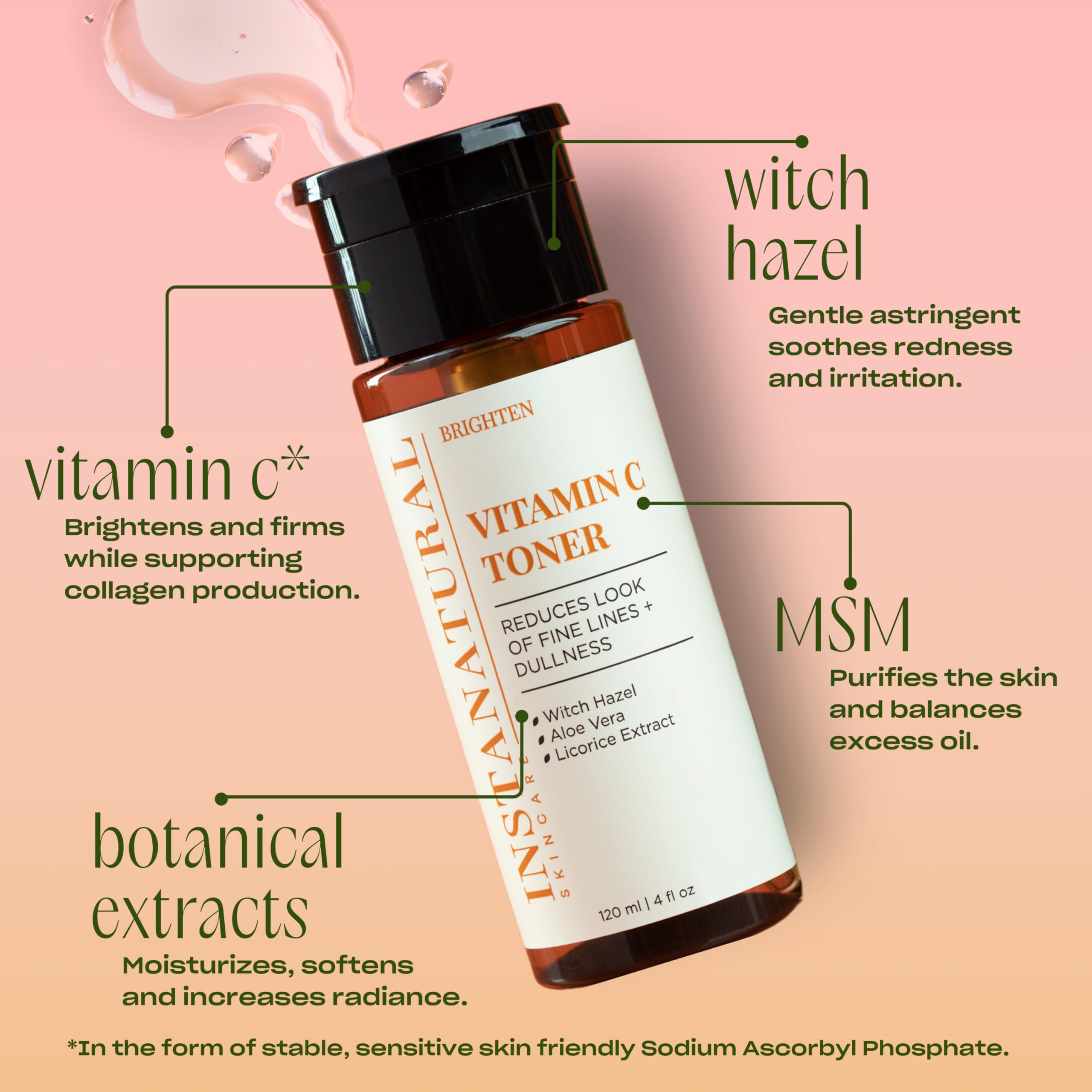 Front label of InstaNatural Vitamin C Face Toner emphasizes ingredients and purpose
