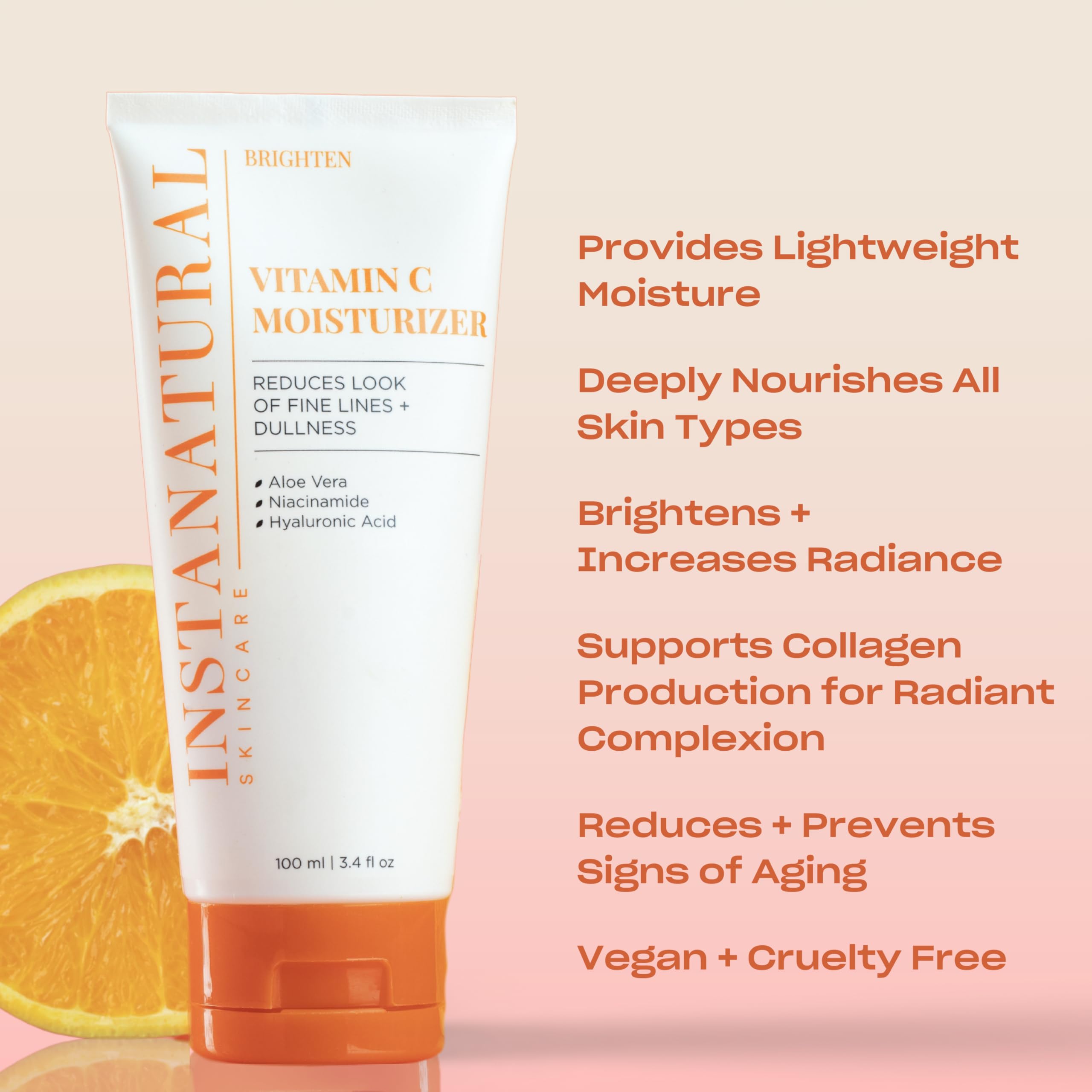 InstaNatural Vitamin C Moisturizer on bathroom shelf for daily use.