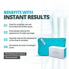 Instantly Ageless eye-area application visual, shows dab technique for puffiness management.
