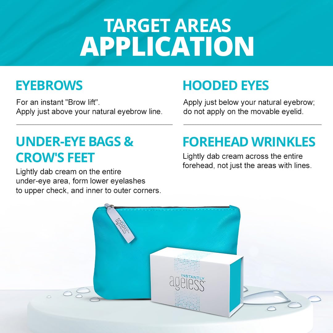 Instantly Ageless travel-ready packaging in a makeup bag scene for busy mornings.
