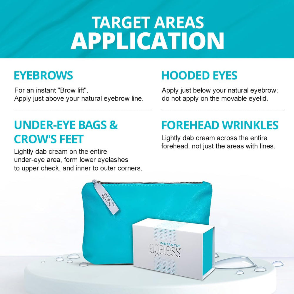 Instantly Ageless travel-ready packaging in a makeup bag scene for busy mornings.