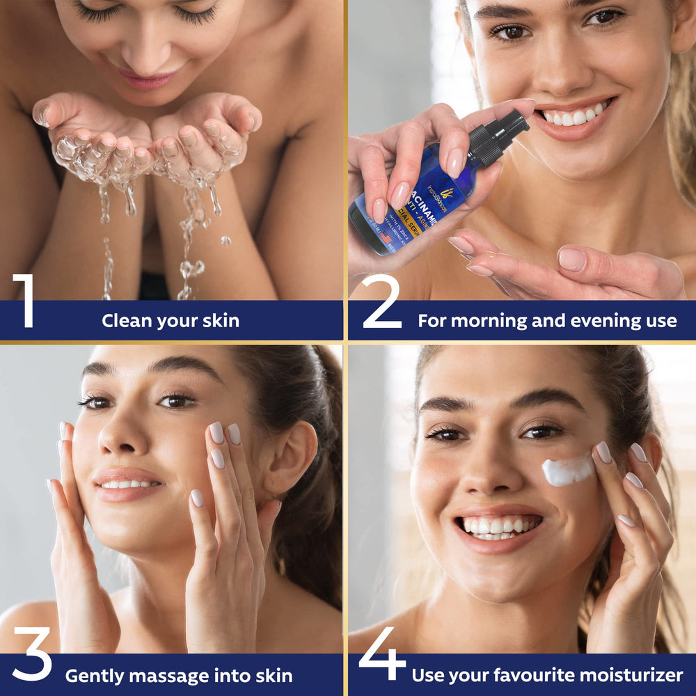 InstaSkincare Niacinamide Serum 2oz application routine suggests simple, effective use.