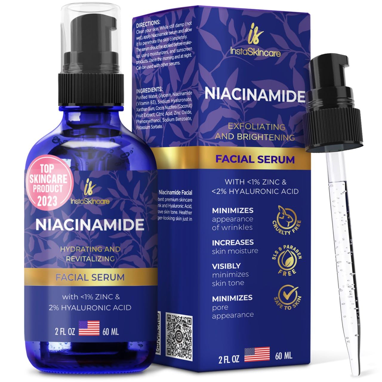 InstaSkincare Niacinamide Serum 2oz bottle cap detail highlights spill-free storage.