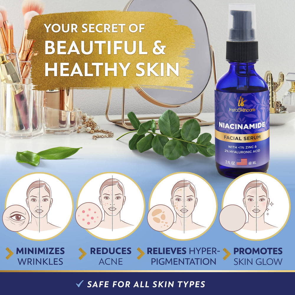 InstaSkincare Niacinamide Serum 2oz label highlights vitamin B3 brightening and tone benefits.