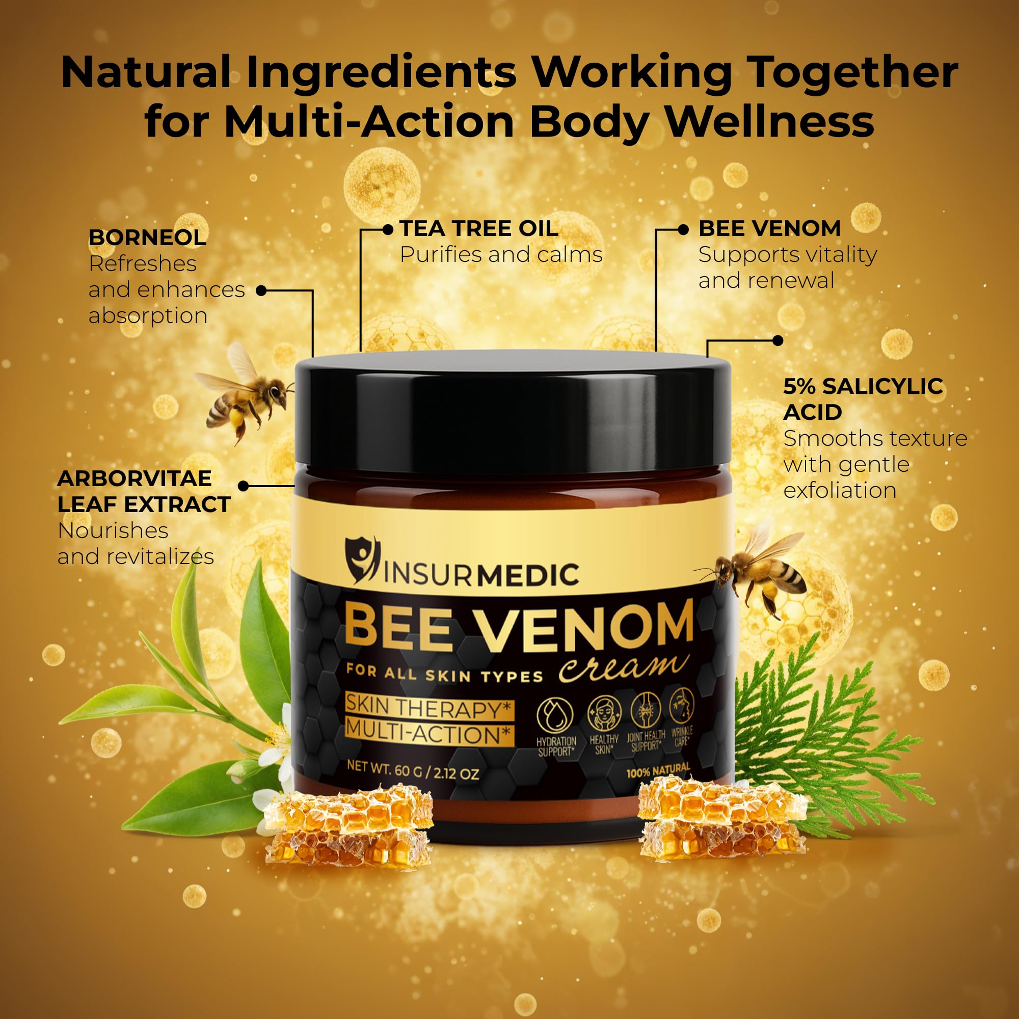InsurMedic Bee Venom Cream hydration visual emphasizes lasting moisture for soft skin
