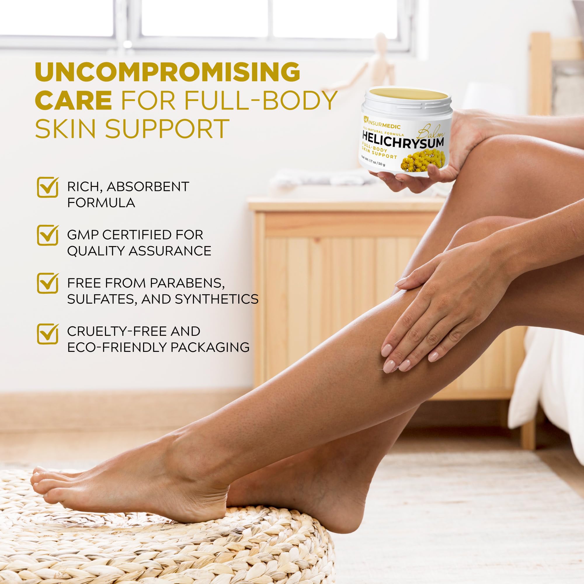 Hands applying InsurMedic Helichrysum Balm for targeted comfort