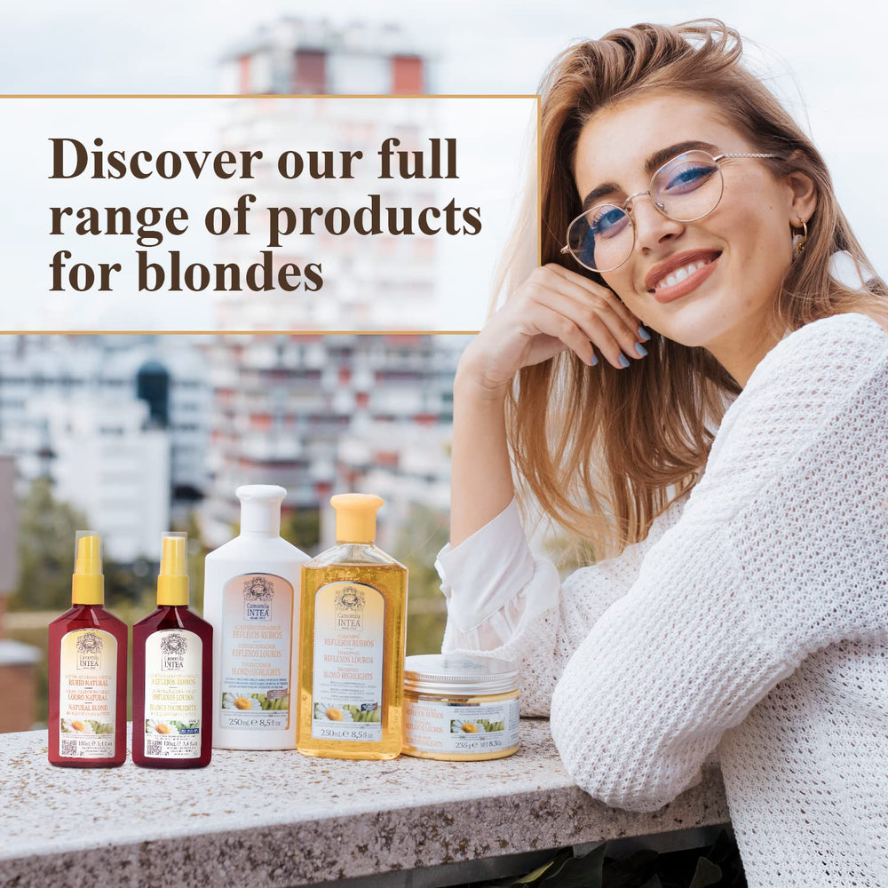Intea Blonde Hair Conditioner after-use shine image emphasizes silky, reflective finish.