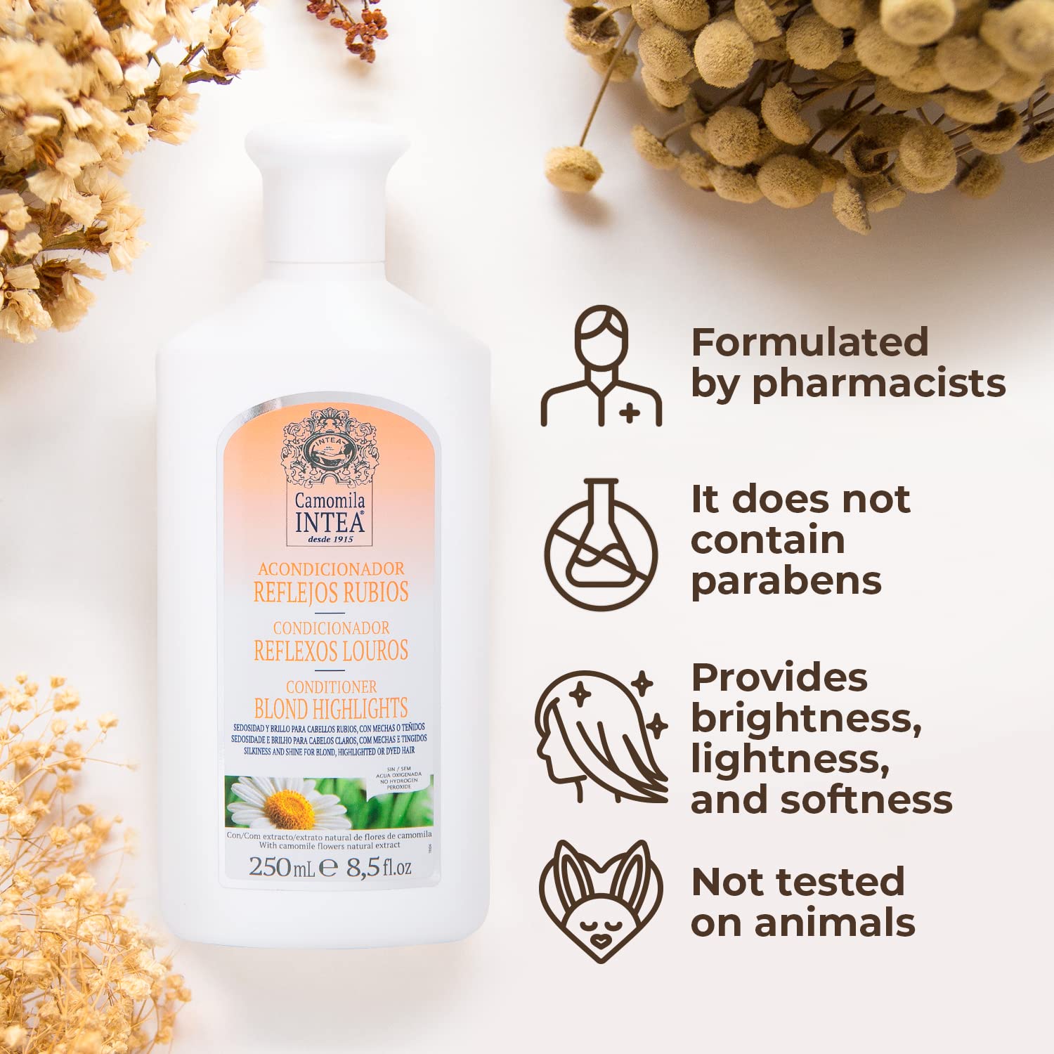 Intea Blonde Hair Conditioner label showcases paraben-free, pharmacist-developed formula.