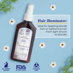 Chamomile flowers highlight natural ingredients for a gentle color lift on kids’ hair.