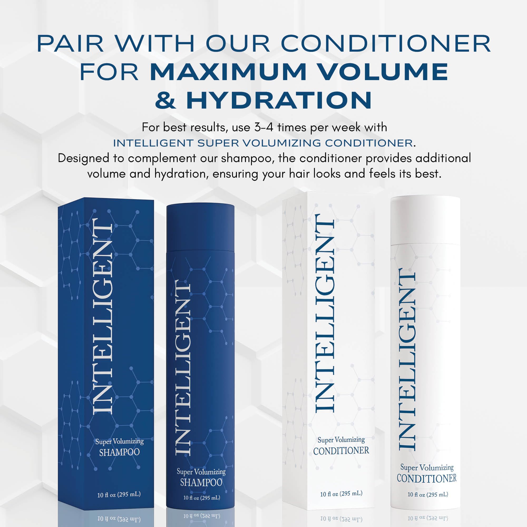 Intelligent Shop shampoo on sink with conditioner nearby implies paired use for volume