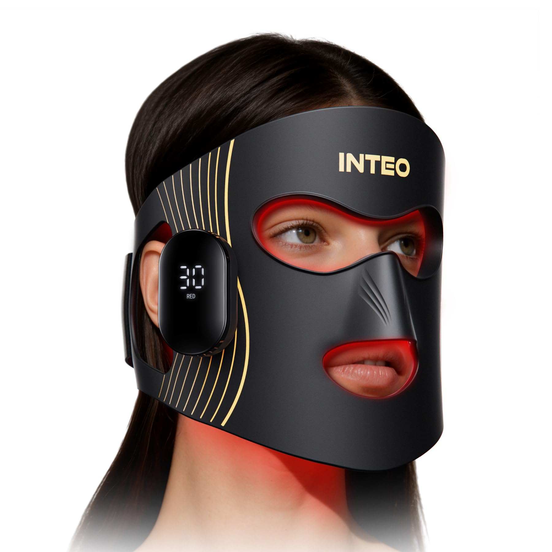 INTEO mask front view showing full-face coverage and ergonomic fit benefit