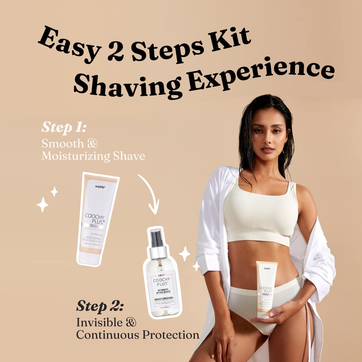 IntiMD Coochy Plus after shave mist bottle for soothing post-shave freshness and irritation prevention.