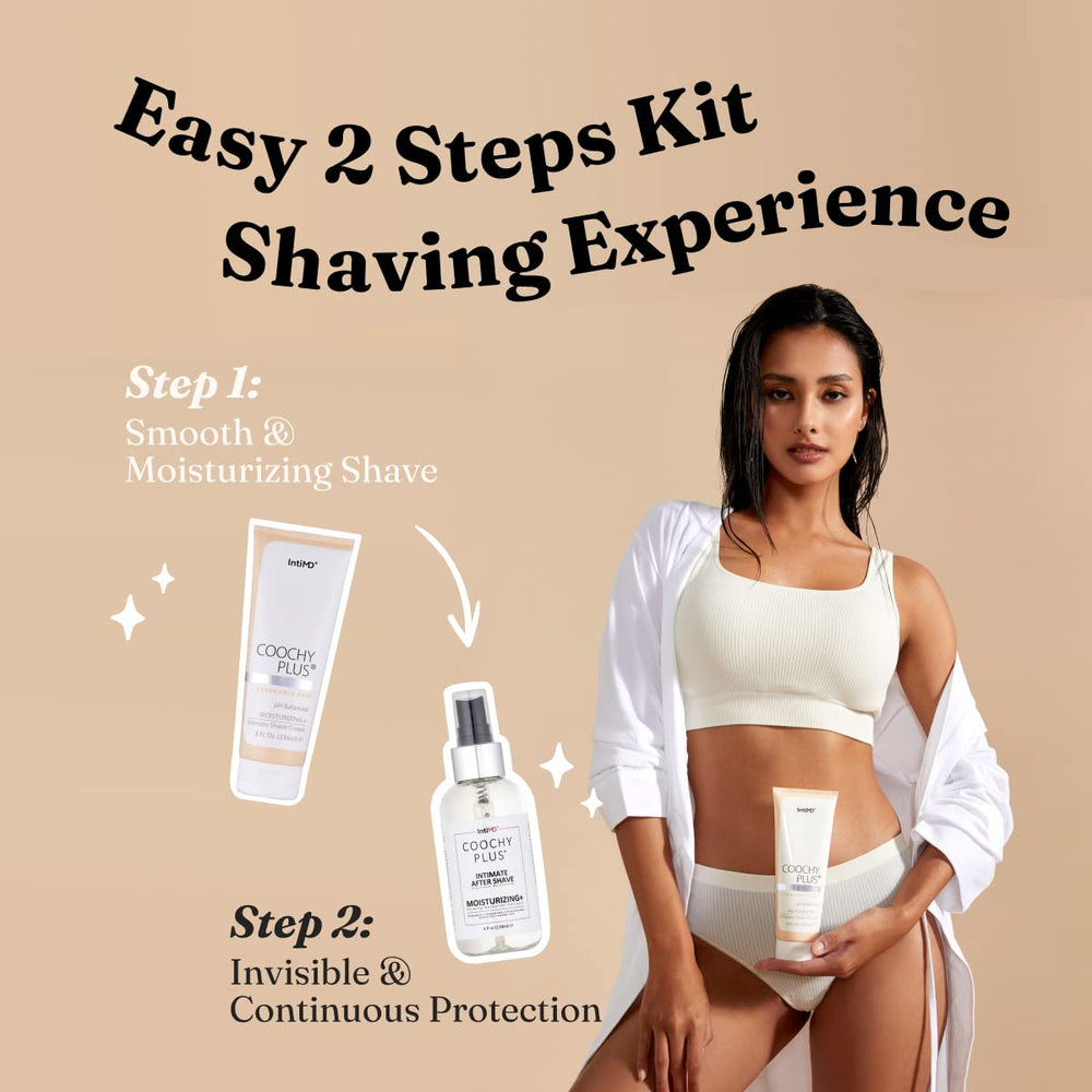 IntiMD Coochy Plus after shave mist bottle for soothing post-shave freshness and irritation prevention.