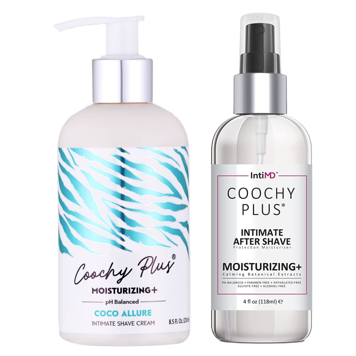IntiMD Coochy Plus intimate shaving cream bottle shows moisturizing formula for smoother skin