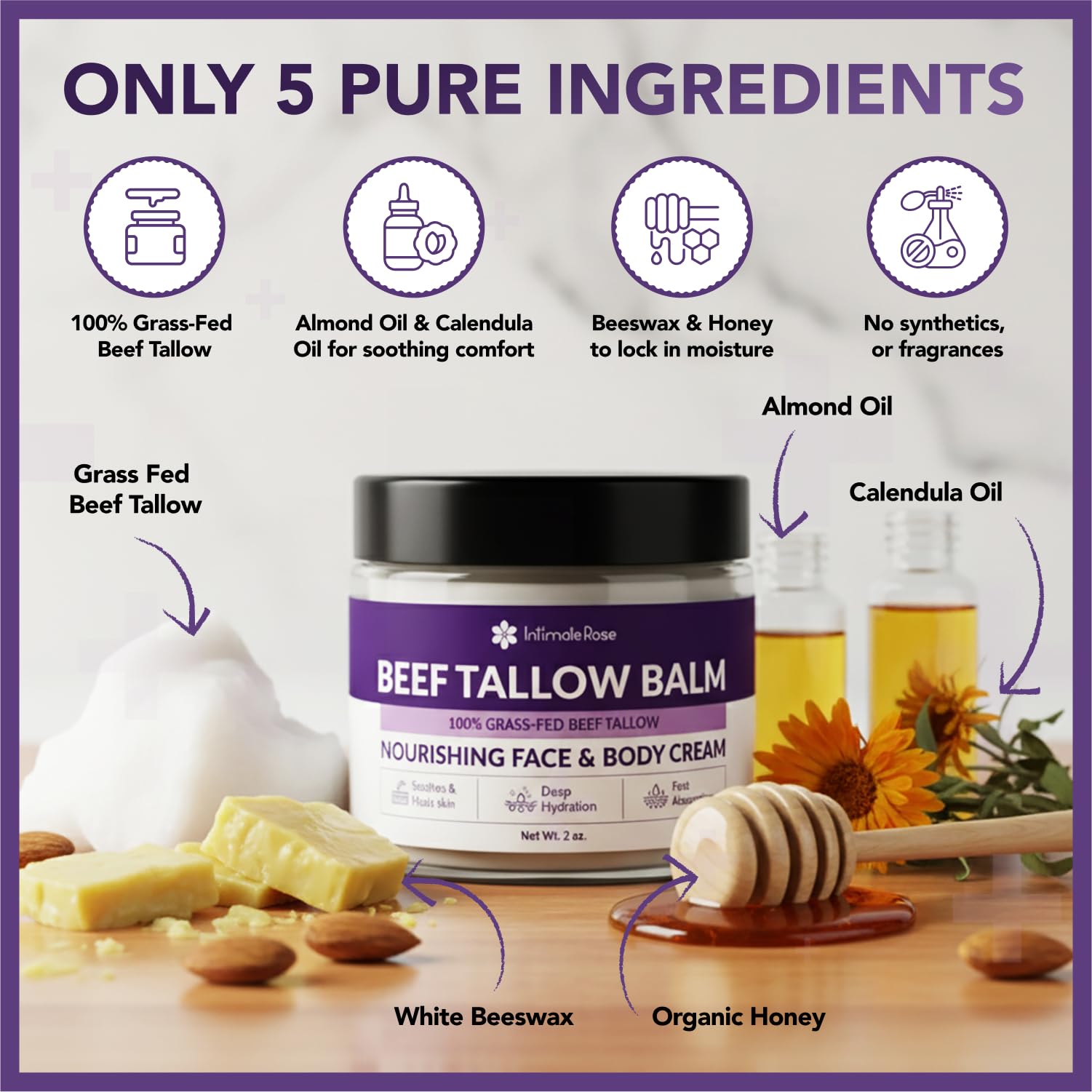 Intimate Rose honey balm with beeswax seals in hydration for dry skin.