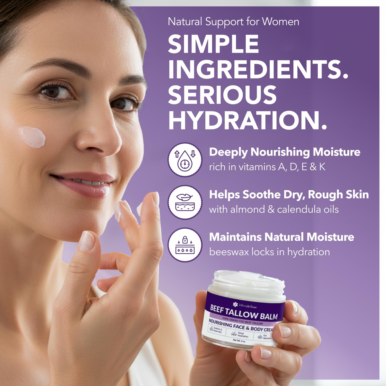 Intimate Rose natural ingredients label highlights grass-fed tallow and honey.