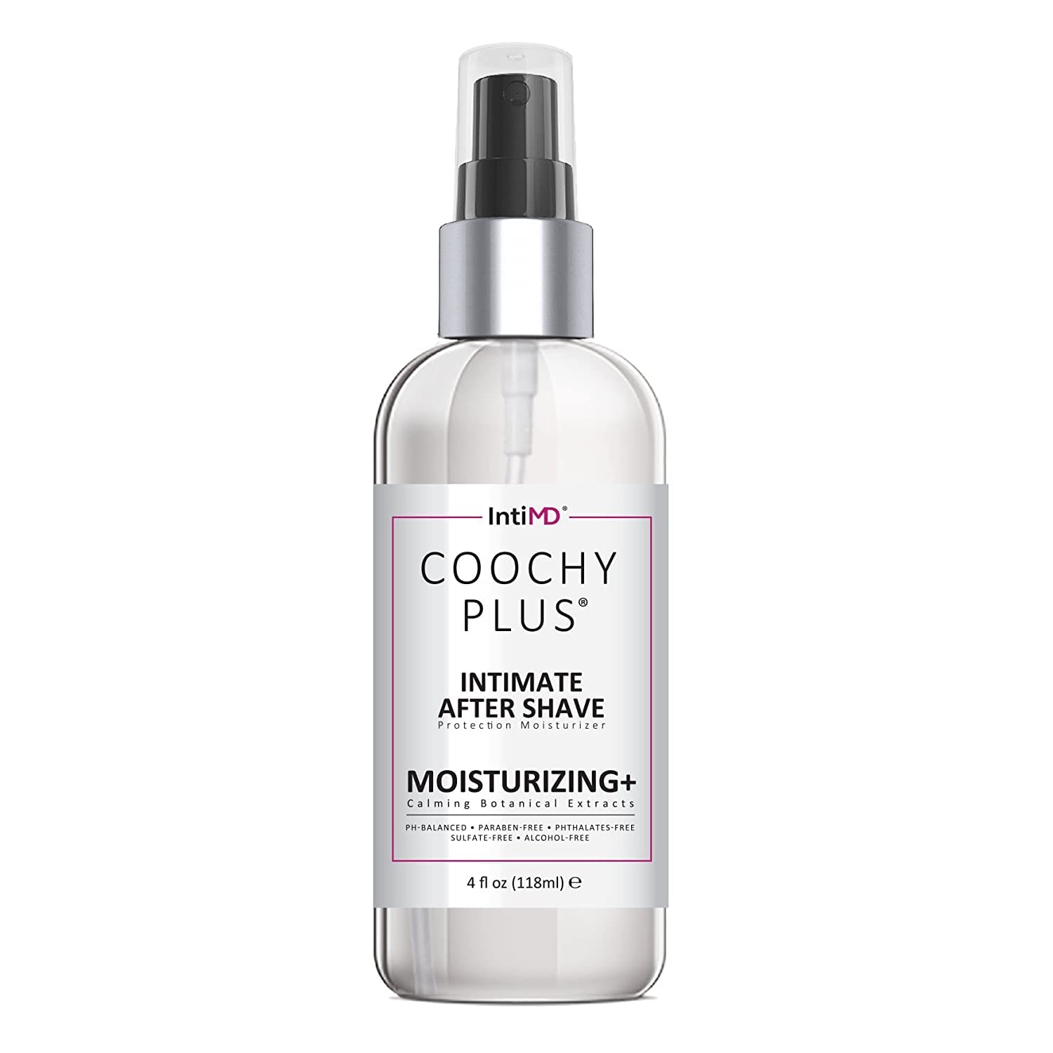 IntiMD Coochy bottle closeup showing after shave moisturizer for sensitive skin