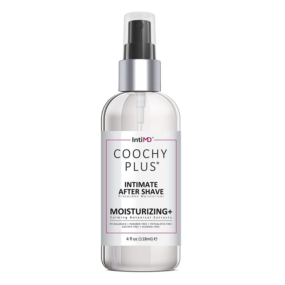 IntiMD Coochy bottle closeup showing after shave moisturizer for sensitive skin
