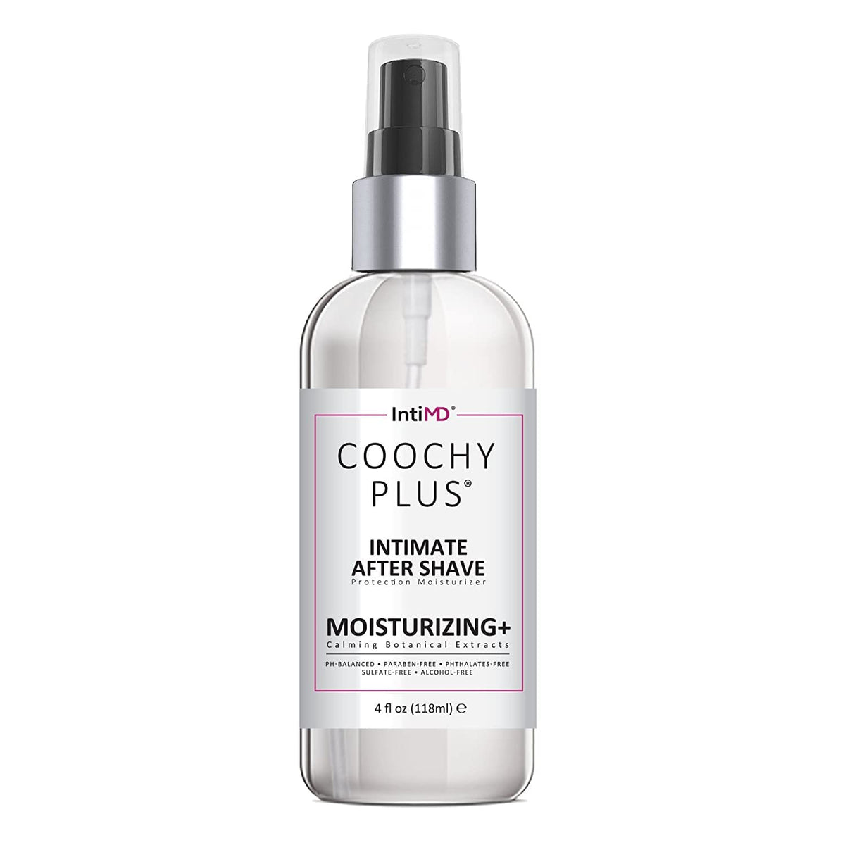 IntiMD Coochy bottle closeup showing after shave moisturizer for sensitive skin