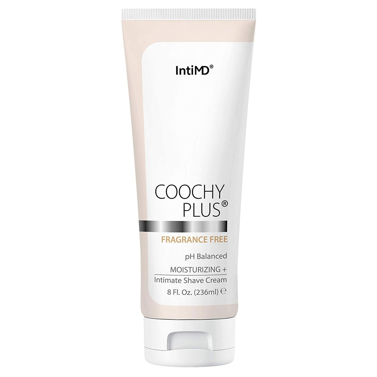 IntiMD Coochy Plus fragrance-free bottle shows gentle shave care for sensitive skin.