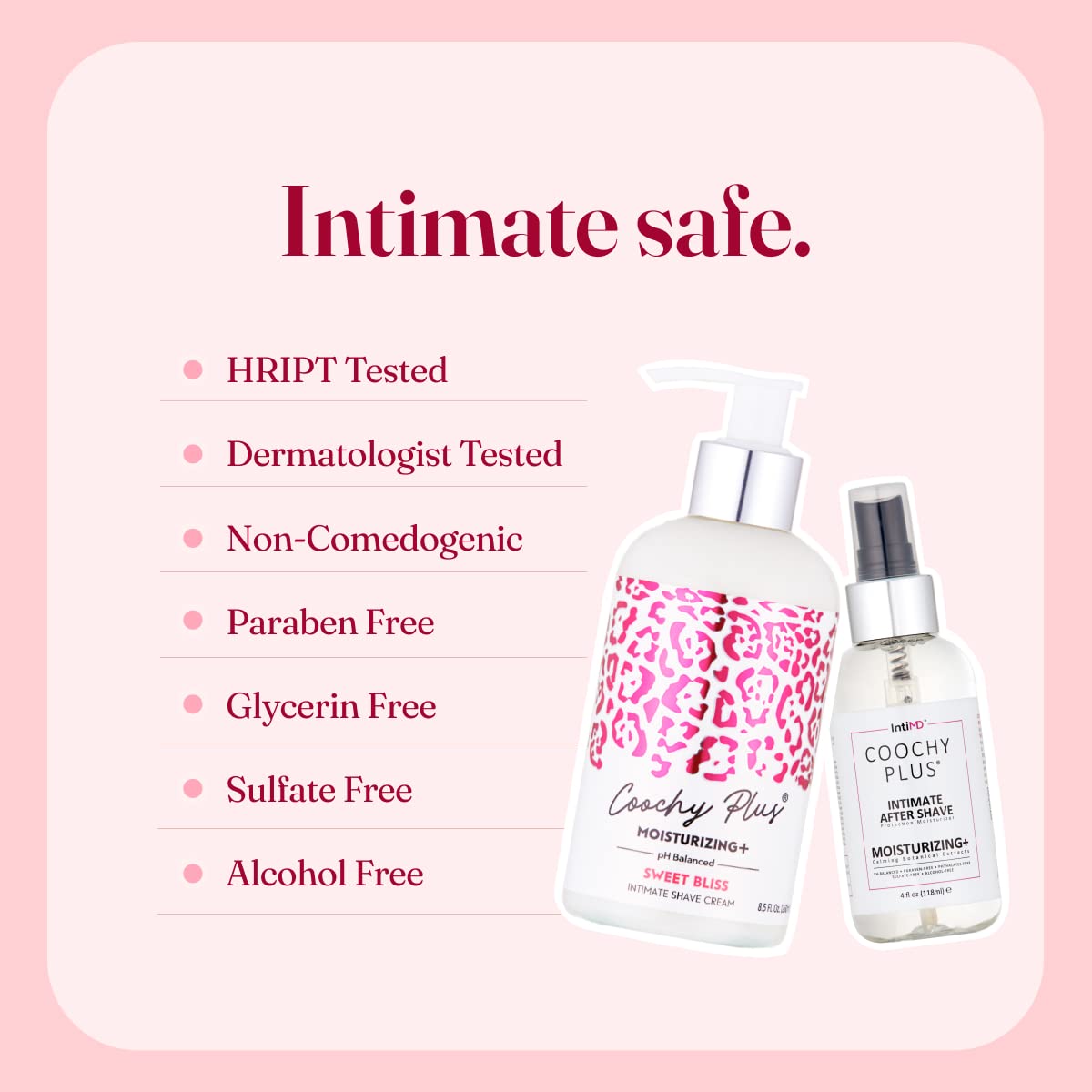 IntiMD Coochy Plus intimate-area use closeup demonstrates hair-softening for smoother shaves.
