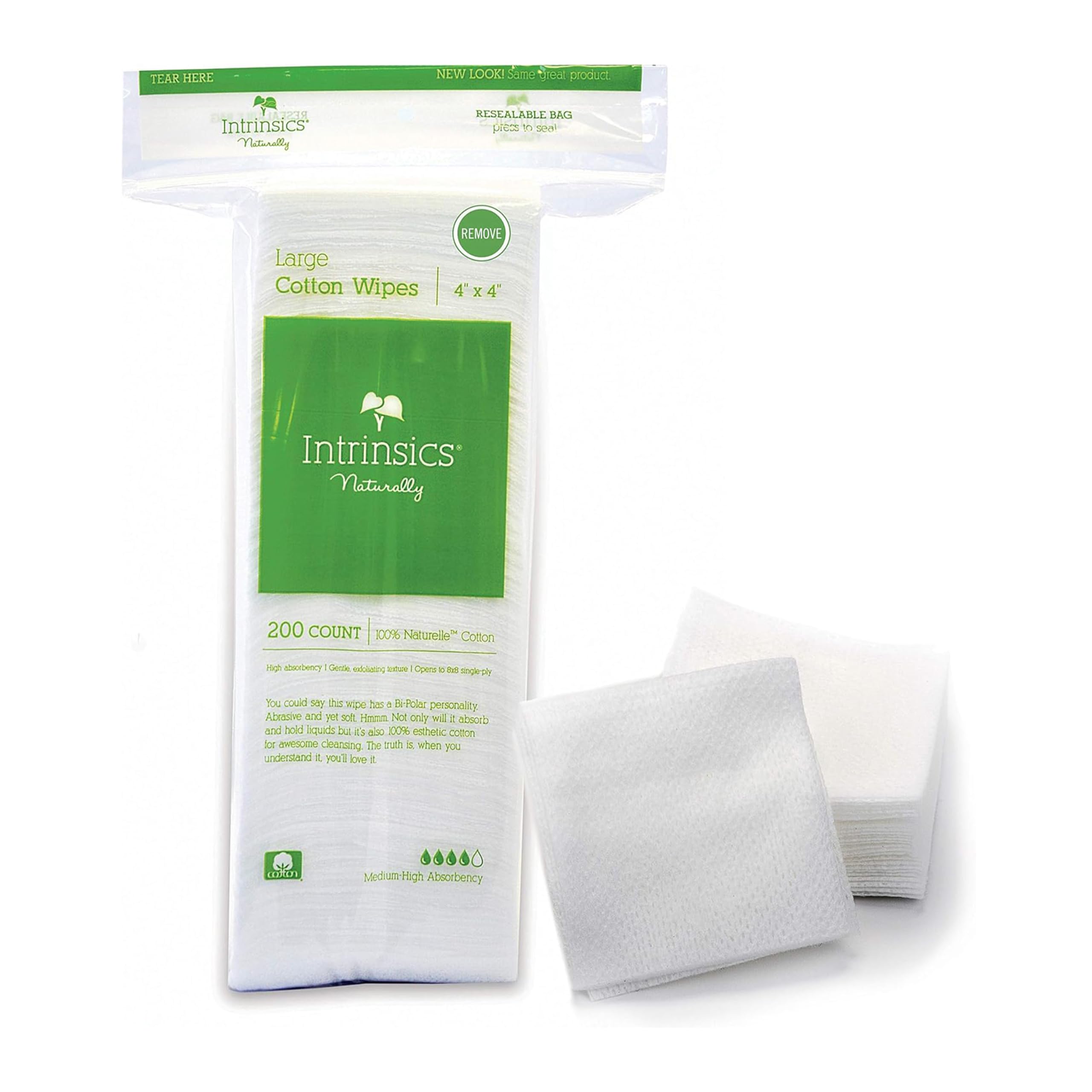 Intrinsics Large Cotton Squares pack front for makeup removal and skincare.