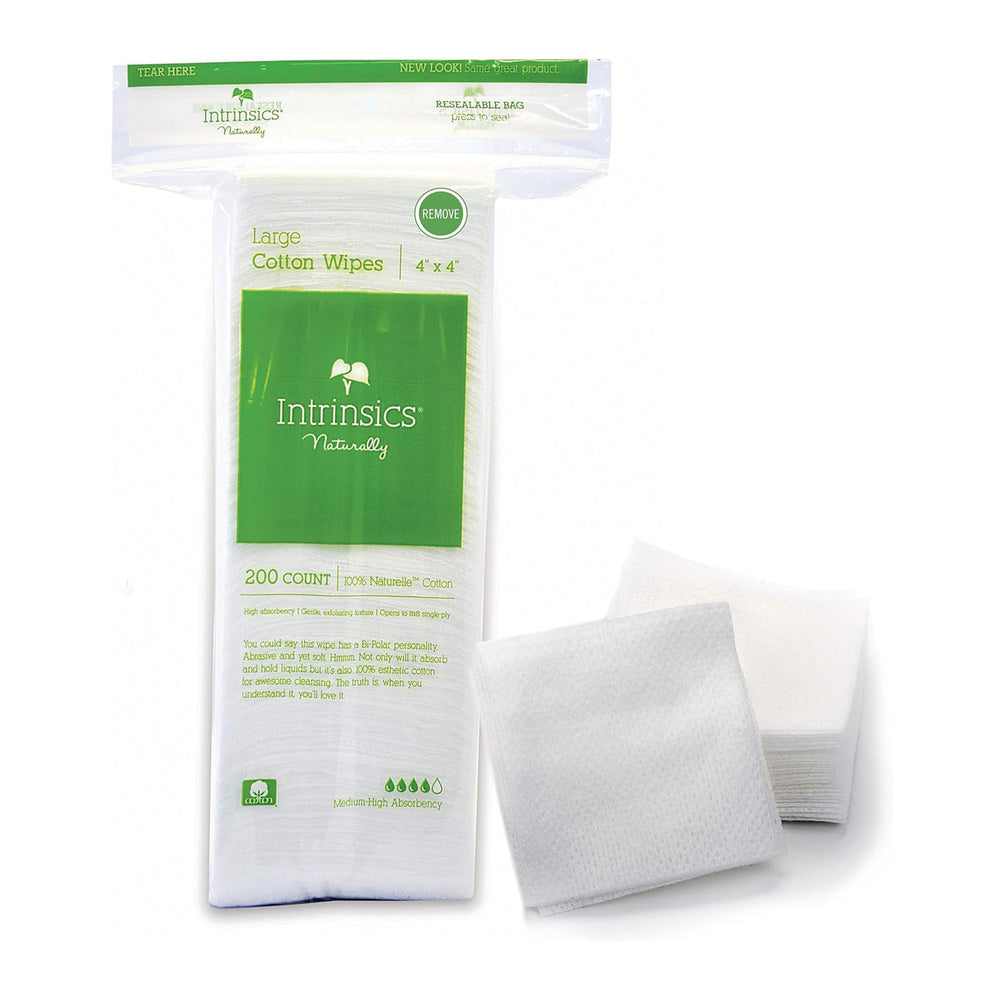 Intrinsics Large Cotton Squares pack front for makeup removal and skincare.