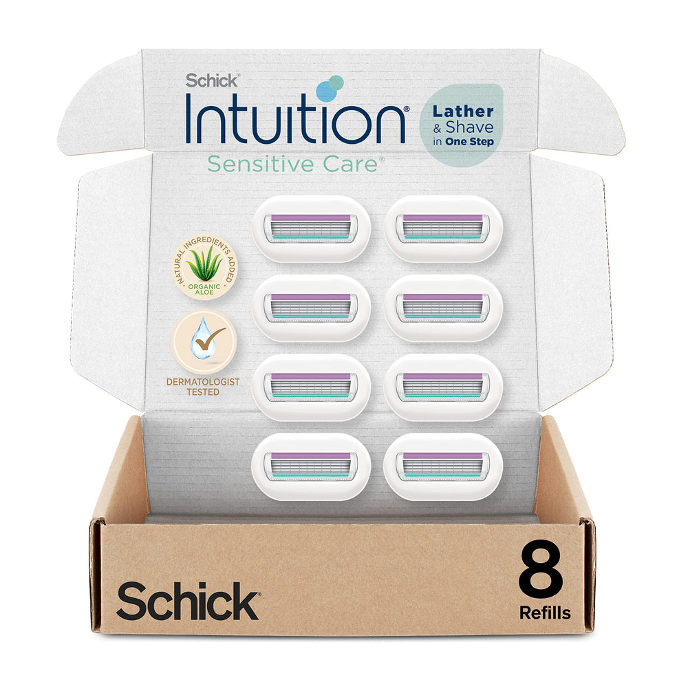 INTUITION Schick refill back view showing 8-pack for sensitive-skin shaving