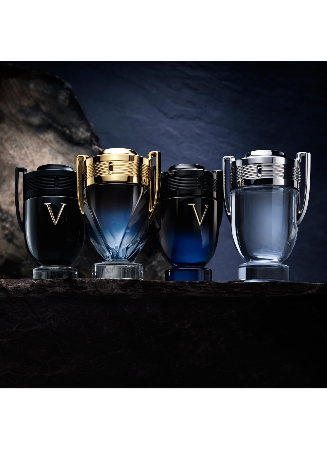 Invictus Paco Rabanne bottle under light—warm glow highlights the premium bottle design.