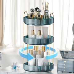 INVSSENE 360-rotating makeup organizer front view for easy access to cosmetics.