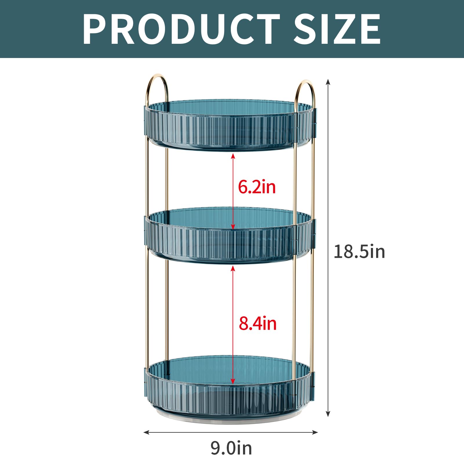 INVSSENE rotating makeup organizer 3-tiers side view showing spacious shelves.