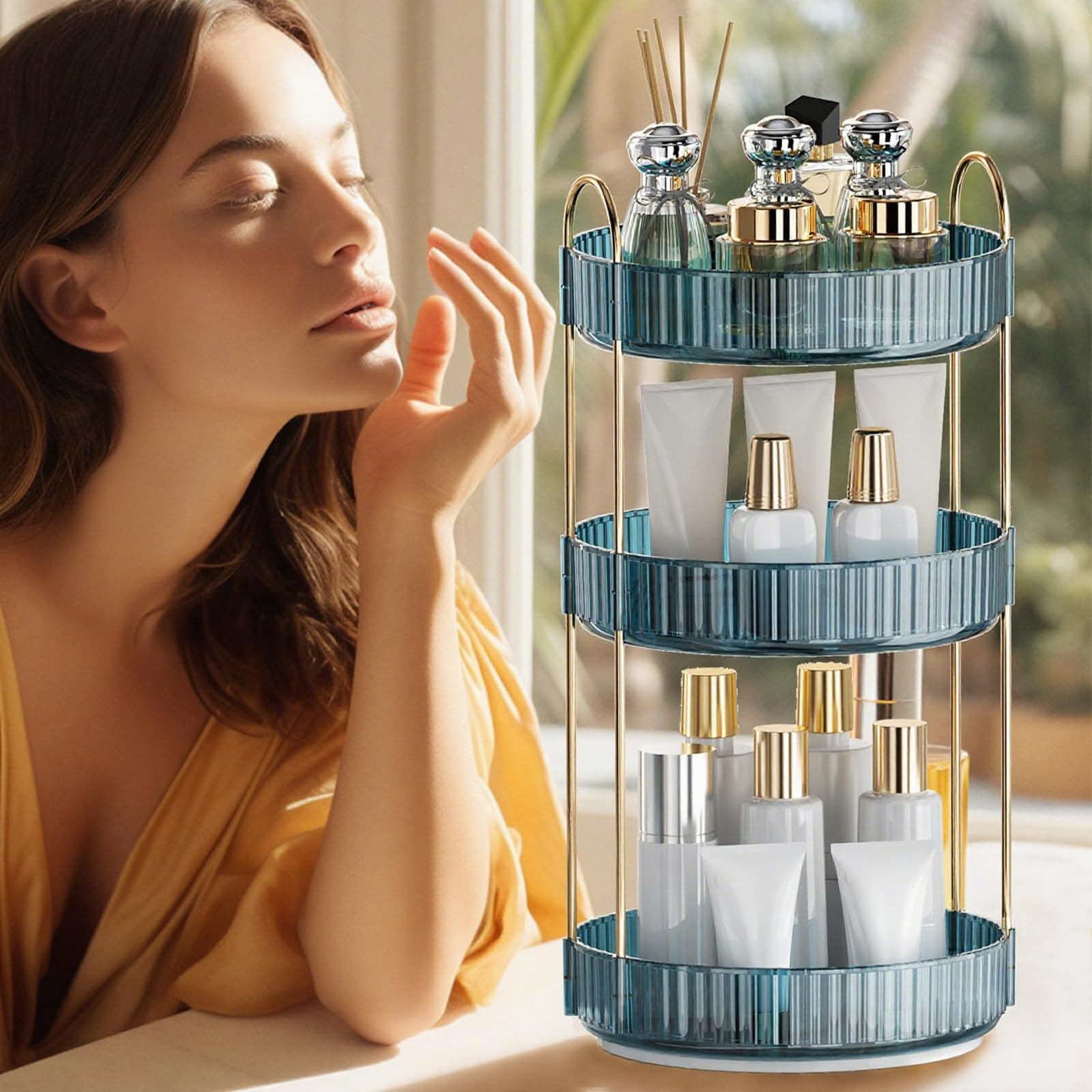 INVSSENE vanity organizer in use on dresser for daily skincare.
