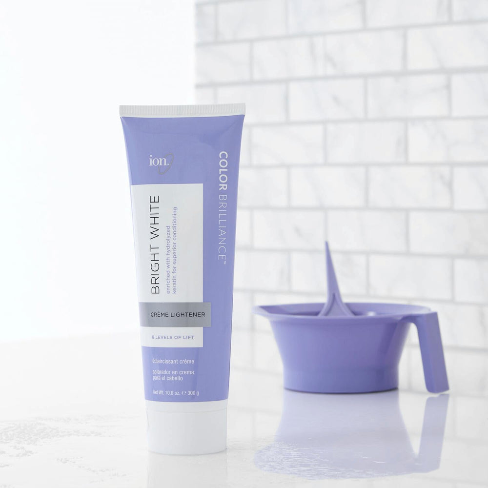 Ion Bright White Creme Lightener hydrolyzed-keratin label emphasizes conditioning benefits