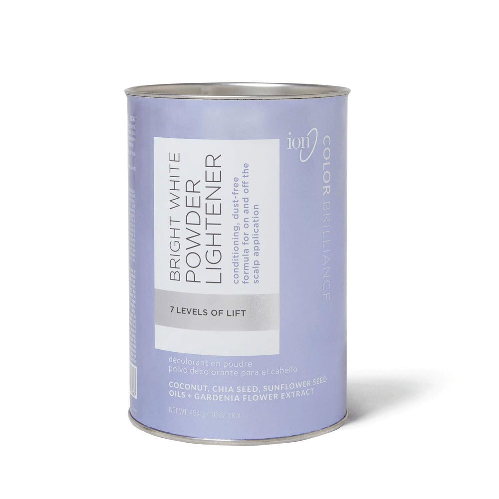 Ion Bright White Powder Lightener packaging shown for clean, mess-free professional use.