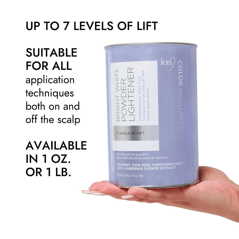 Ion Bright White Powder Lightener offers up to 7 levels of lift for shade options.