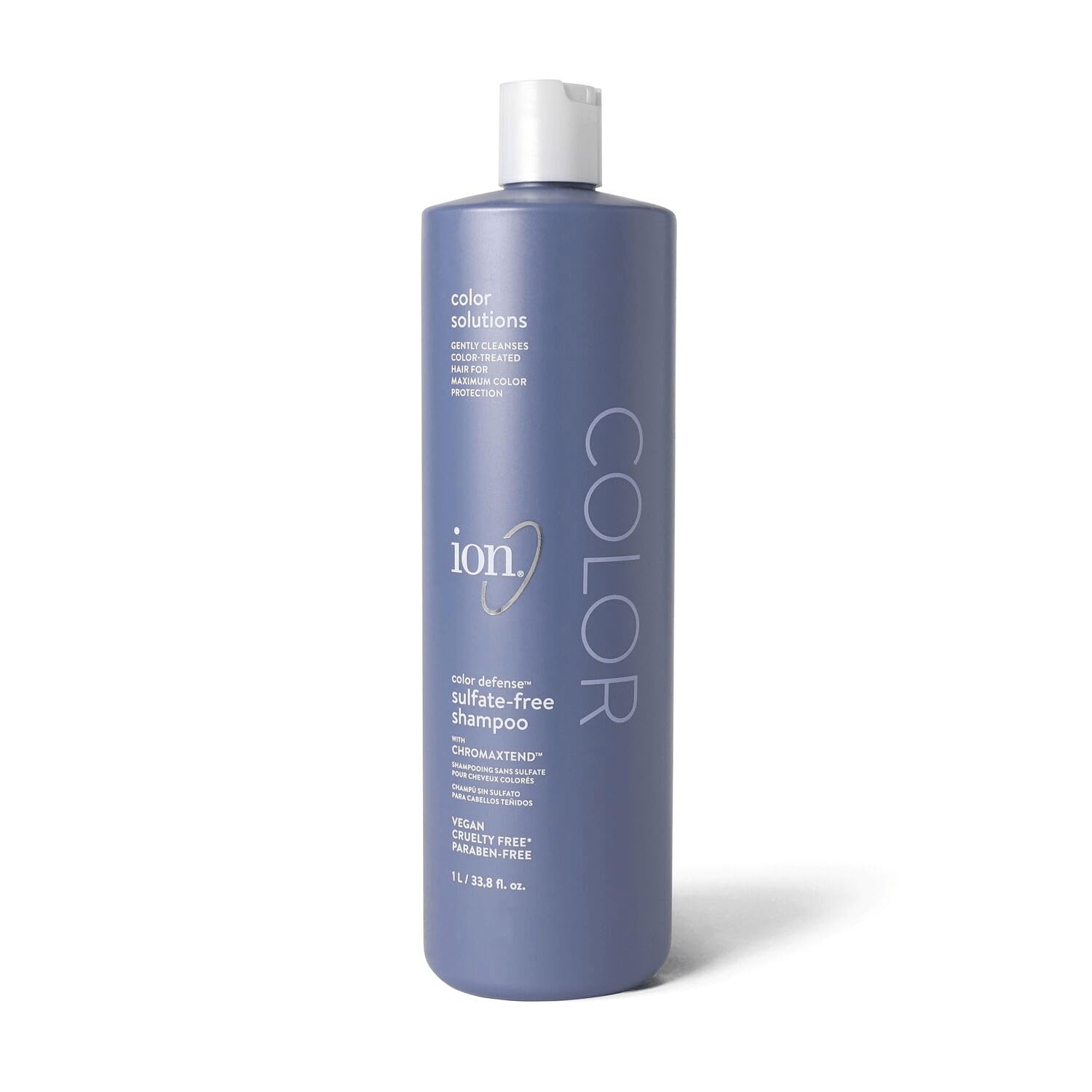 Ion Color Defense Shampoo bottle closeup highlighting color protection and gentle cleanse.