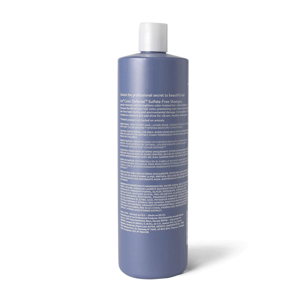 Ion Color Defense Shampoo lather and bottle show sulfate-free care and shine.