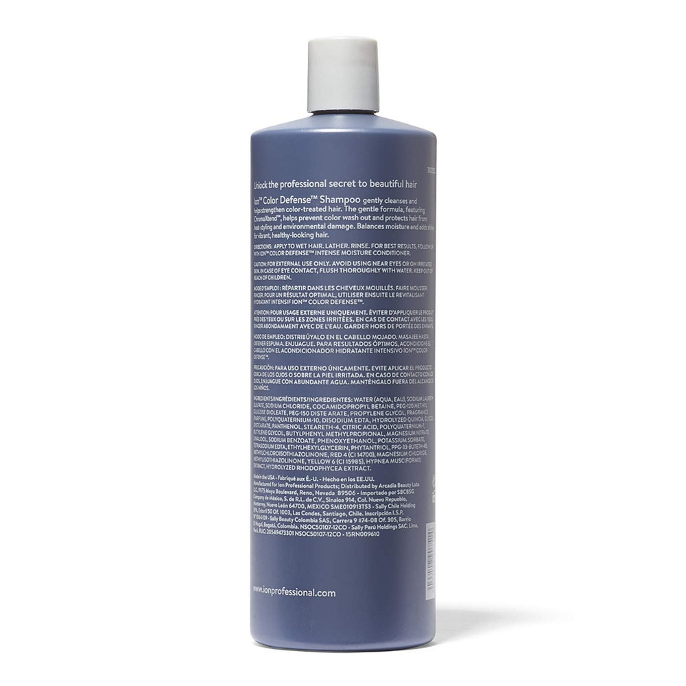 Ion Color Defense Shampoo pump bottle on sink highlights vegan formula