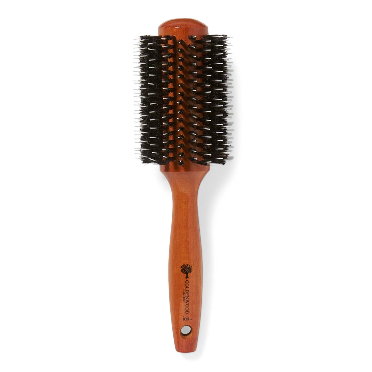 Ion Golden Wood Round Brush closeup on handle for salon-quality blowouts and shine.