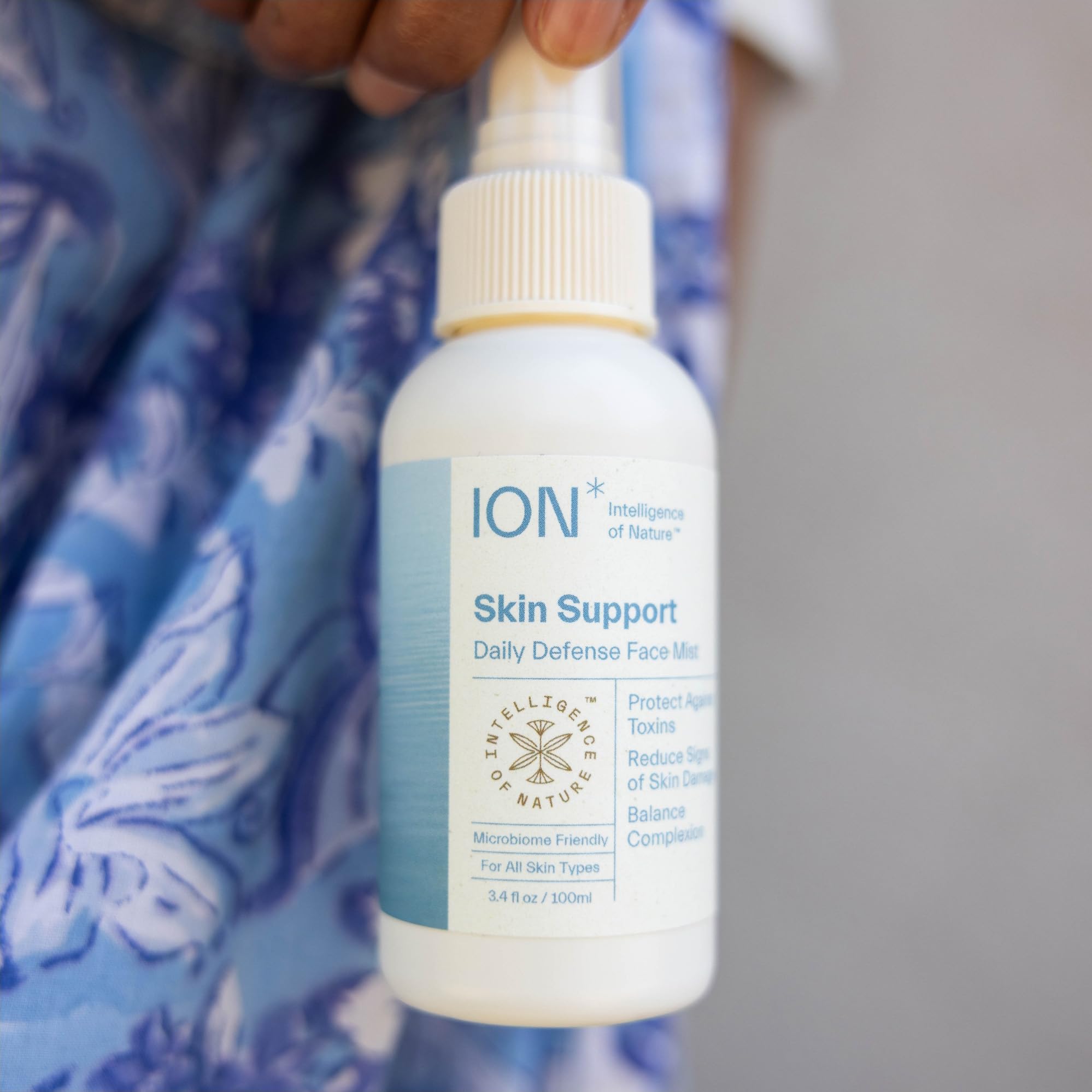 ION* Face Mist being dispensed from a pump for quick refreshment.
