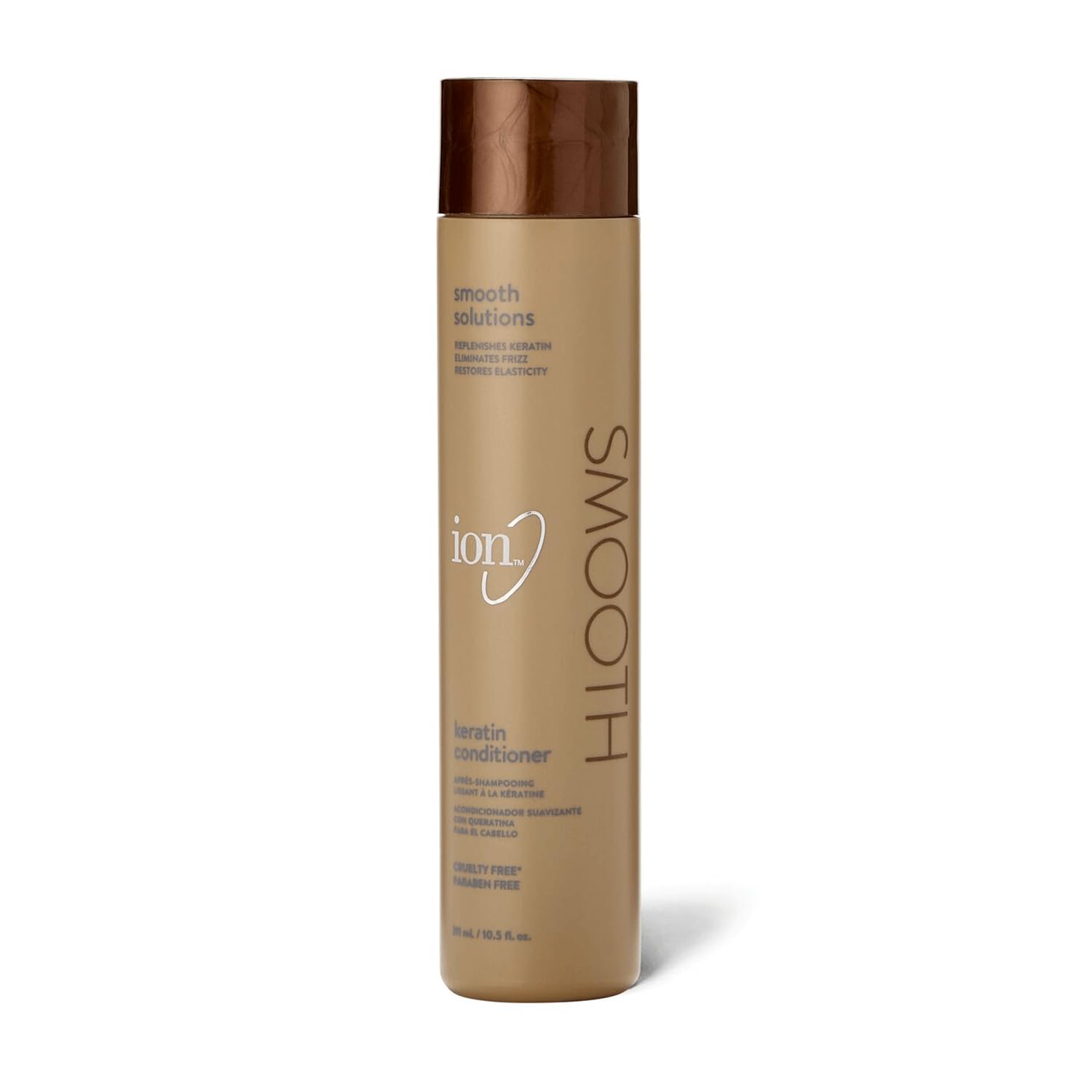 Ion Keratin Smoothing Conditioner bottle closeup for frizz control.