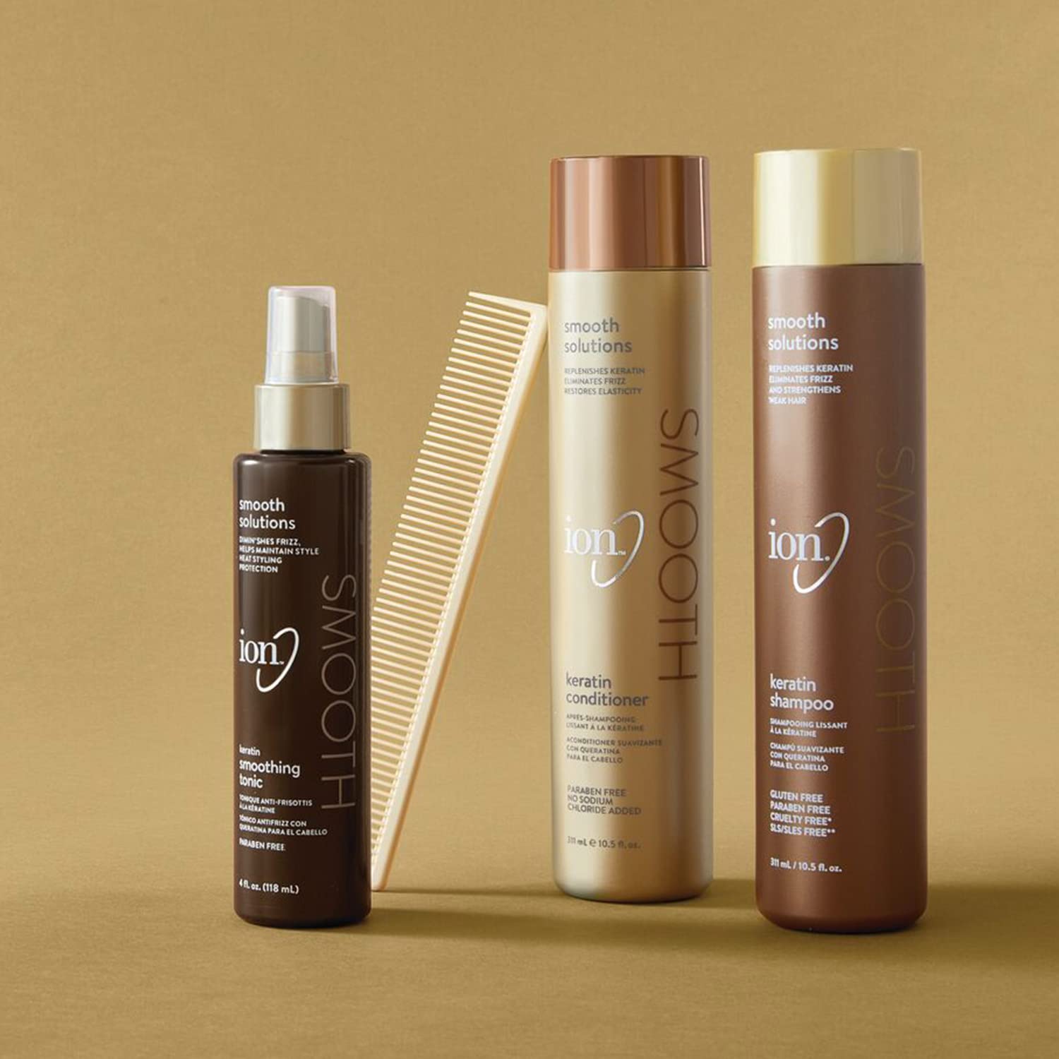 Ion Keratin Smoothing Shampoo application scene hints at an easy routine for frizz control.