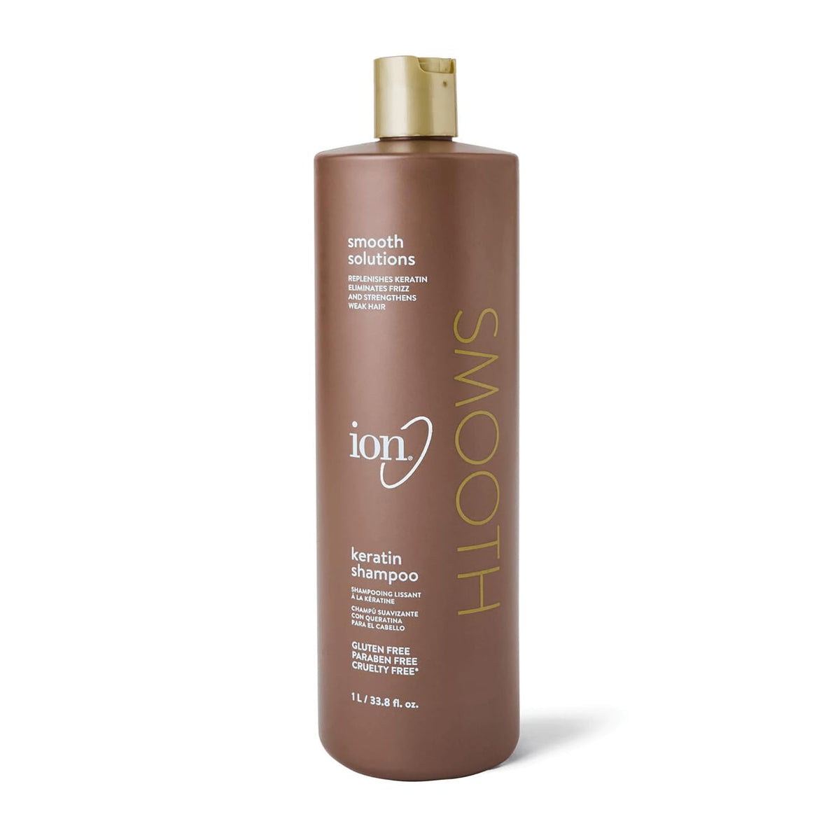 Ion Keratin Smoothing Shampoo bottle front highlights keratin-rich formula for frizz control.