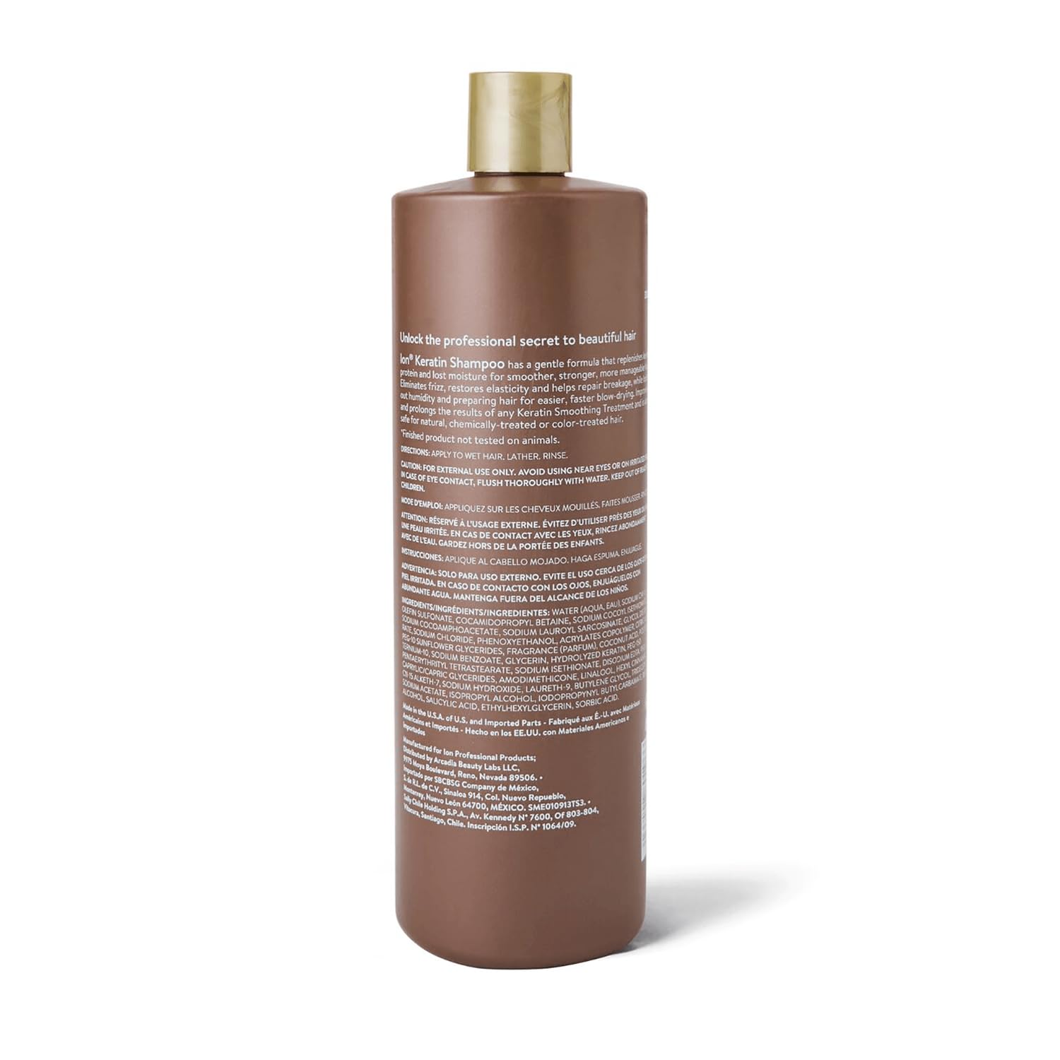 Ion Keratin Smoothing Shampoo bottle side shows sulfate-free formulation suitable for all hair types.