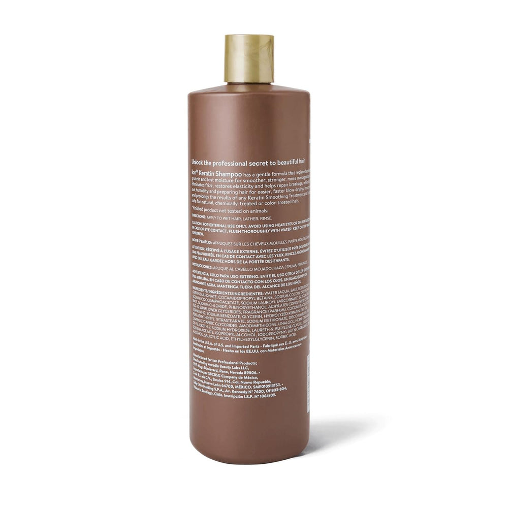 Ion Keratin Smoothing Shampoo bottle side shows sulfate-free formulation suitable for all hair types.