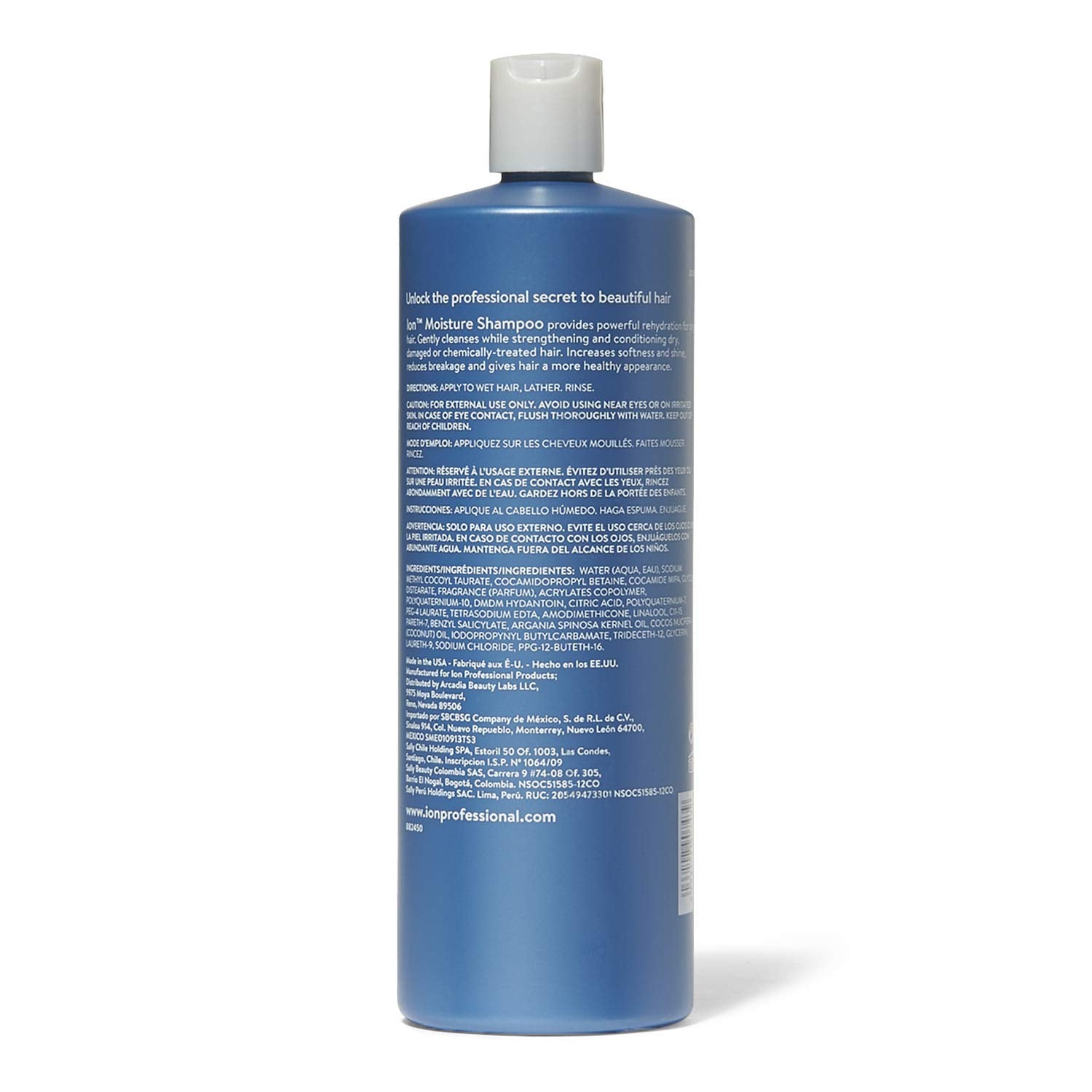 ion Moisture Shampoo packaging emphasizes clean beauty and paraben-free, vegan formula.