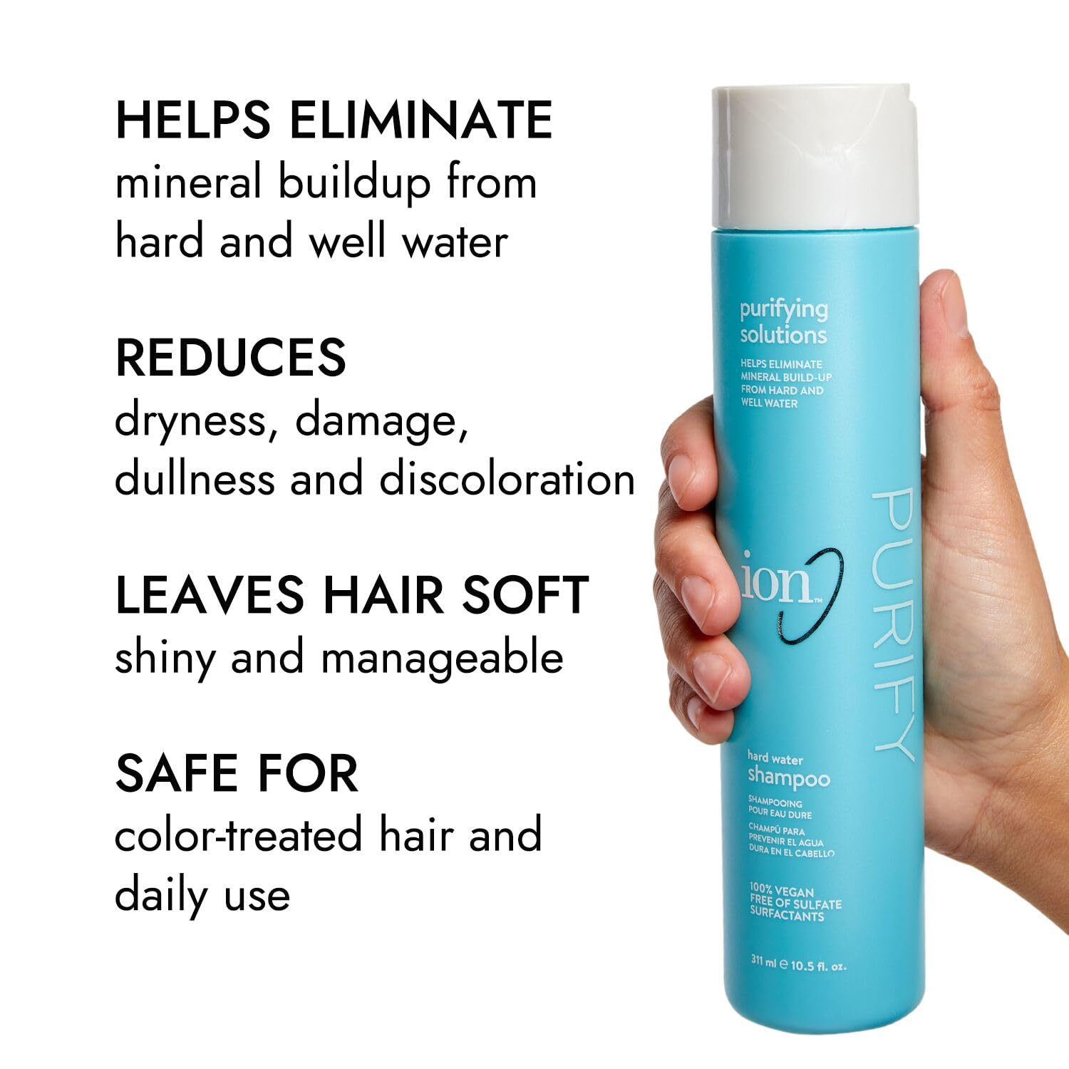 Ion Purifying Solutions bottle with water drops highlights mineral buildup prevention